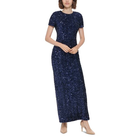 Calvin Klein Sequined Short Sleeve Evening Gown Blue Size 6 Long Formal Dress - Picture 11 of 13
